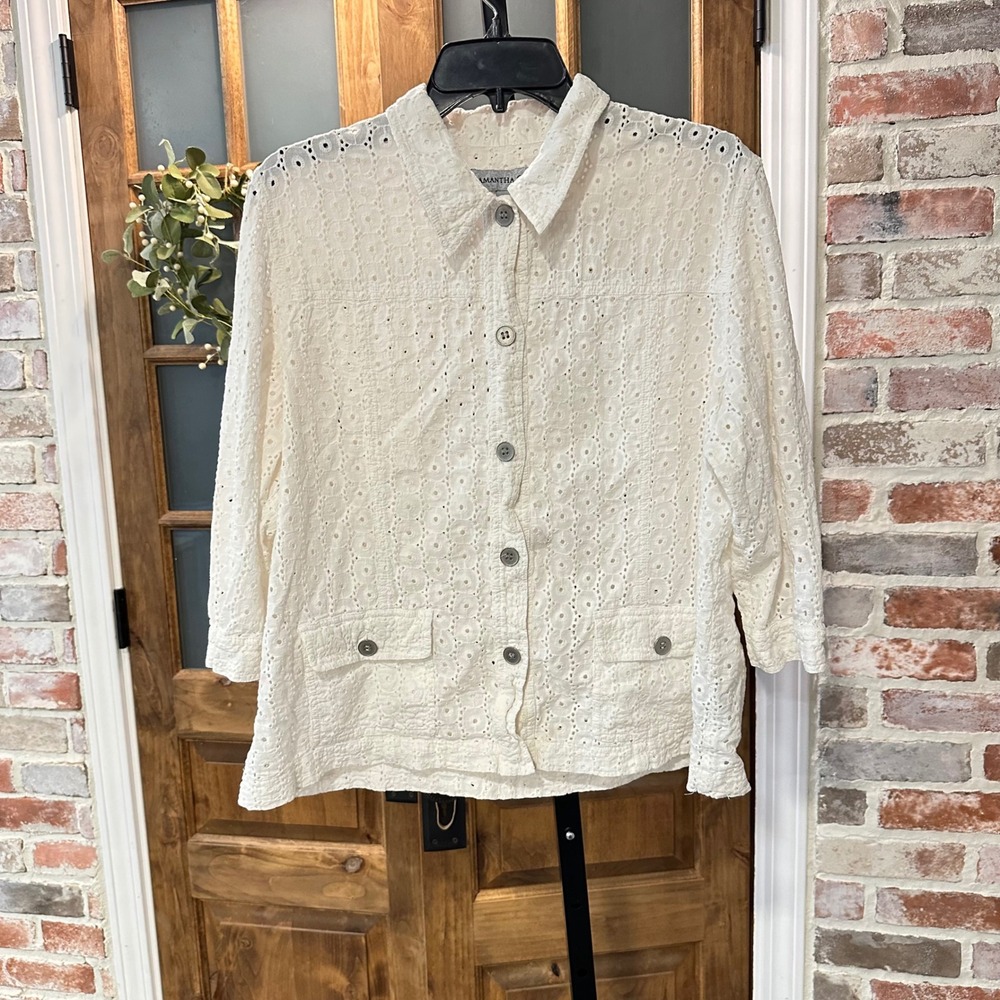 Samantha Grey Eyelet Embroidered Button Shirt Women White Cotton 18 FLAW